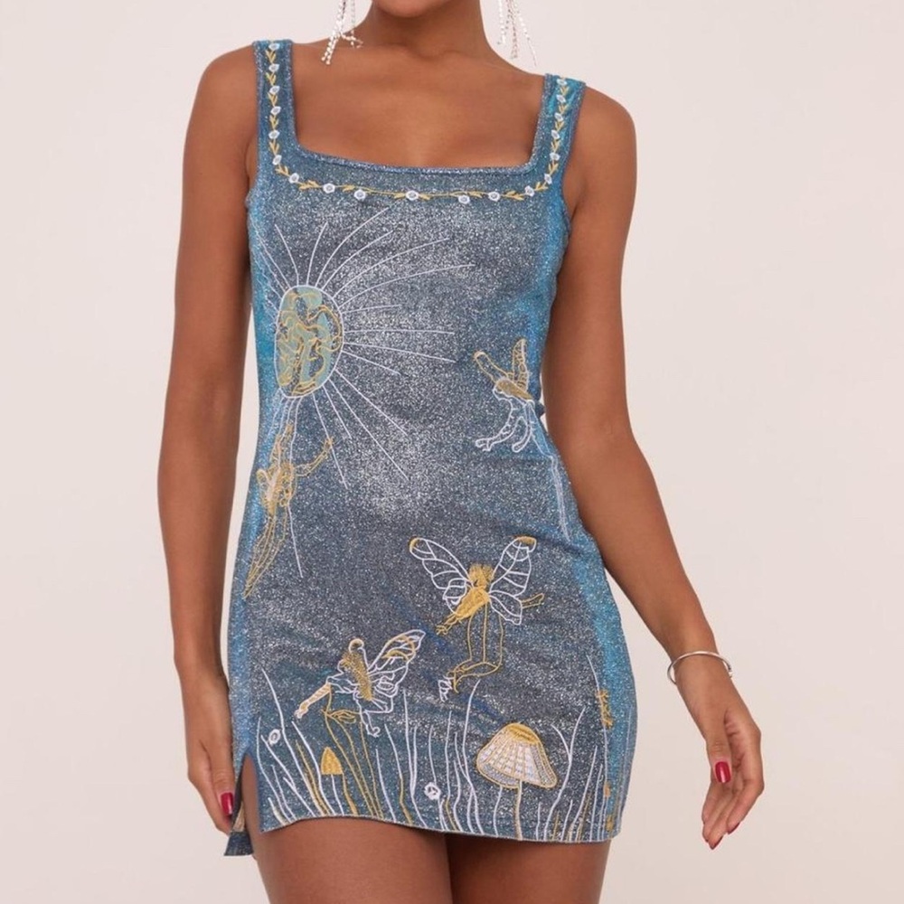 Blue Sparkly Glitter Fairy Floral Embroidered Dress tank mini fitted medium